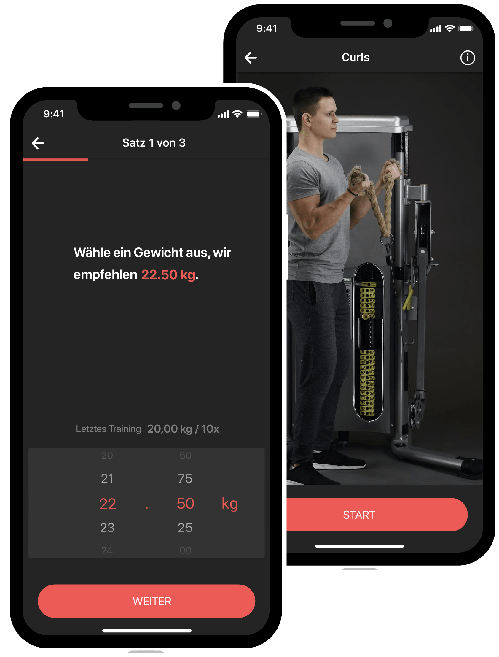 BestFit App Screen Gewicht auswählen; Übung Curls