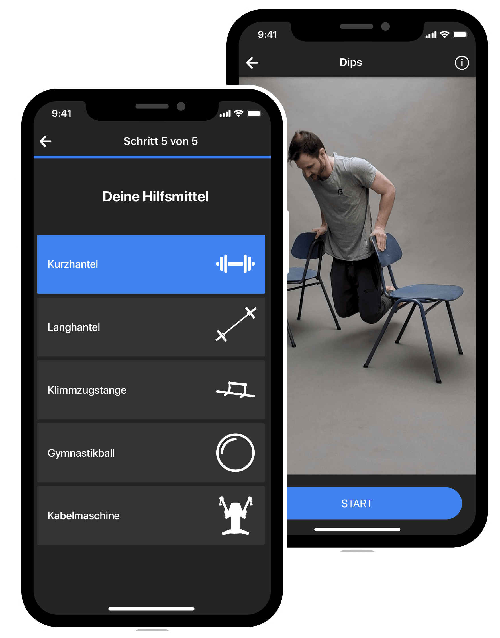 Best Fit Home App; Screen Hilfsmittel auswählen, Übung Dips 