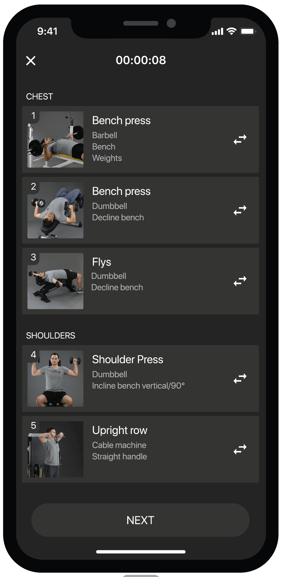 BestFit fitness app screen, personal workout plan, exercises bench press, flys, shoulder press, upright row